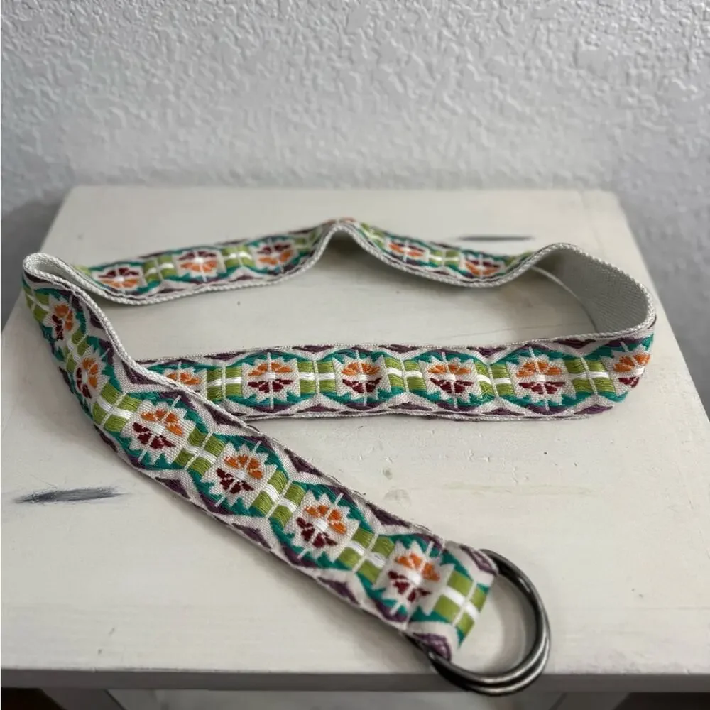 Colorful Embroidered Aztec Patterned Belt with Metal Buckle Adjustable Boho